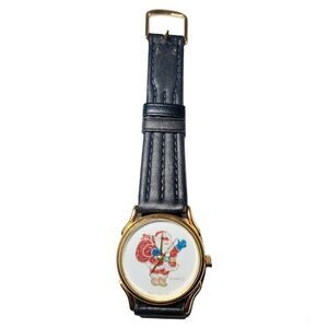 Vintage Christmas Theme Santa Claus Analog Wristwatch Black Band Round Face